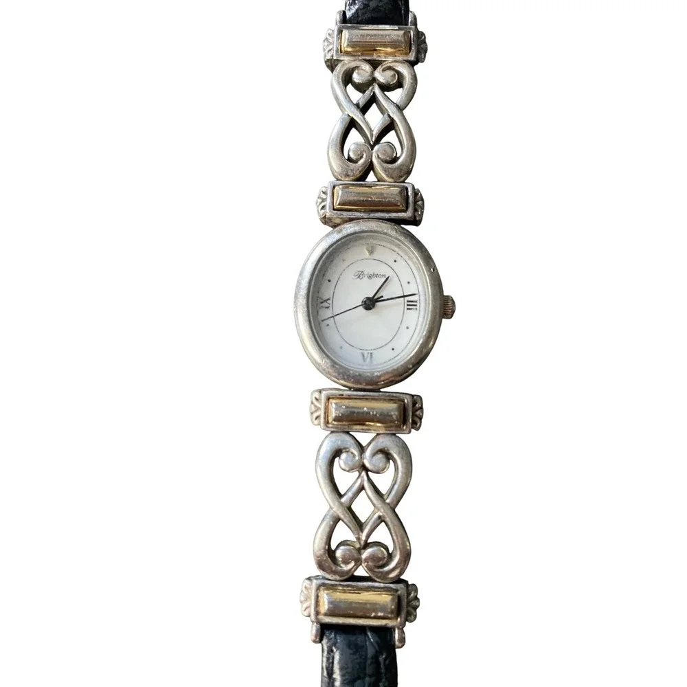 Brighton‎ Champagne Women's Oval Dial Silver Tone Black Leather Band Watch